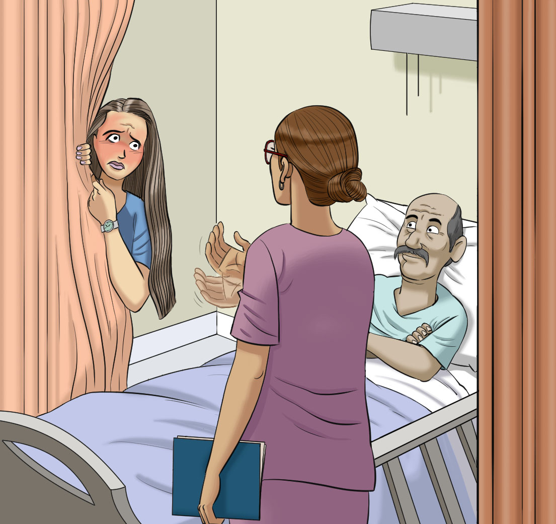 Une superviseure encourage sa stagiaire timide à entrer dans la chambre d’un patient.